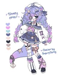  1girl :3 :d ahoge anchor_hair_ornament animal_ear_fluff animal_ears bare_shoulders black_shoes blue_ribbon blue_sailor_collar blue_streaks blunt_bangs blush bow commentary dot_nose english_commentary eyepatch fang frilled_skirt frills full_body gradient_hair green_eyes grey_thighhighs hair_bow hair_intakes hair_ornament hair_ribbon hand_on_own_hip hat highres long_hair long_sleeves looking_at_viewer multicolored_hair neckerchief o-ring o-ring_thigh_strap octopus off-shoulder_shirt off_shoulder open_mouth original pink_neckerchief pleated_skirt purple_hair ribbon sailor_collar shell shell_hair_ornament shirt shoes simple_background single_thighhigh skirt sleepy_bunsu smile solo standing streaked_hair striped_clothes striped_thighhighs tail thigh-highs thigh_strap white_background white_bow white_hat white_shirt 