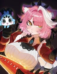  1girl animal_ears apron black_gloves cat_ears cat_girl chattino_(raora_panthera) commentary dress english_commentary gloves highres hololive hololive_english looking_at_viewer maid maid_apron medium_hair multicolored_hair official_alternate_costume pink_hair raora_panthera raora_panthera_(rathalos) red_dress streaked_hair virtual_youtuber white_streaks yellow_eyes yuuppi 