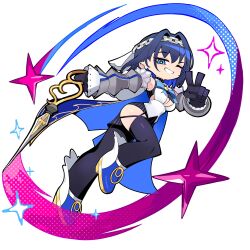  1girl absurdres black_hair blue_eyes blue_hair breasts chibi hair_intakes haku_rege highres hololive hololive_english jewelry large_breasts long_hair looking_at_viewer multicolored_hair one_eye_closed ouro_kronii shirt short_hair smile solo v virtual_youtuber 