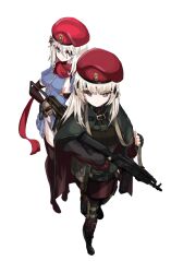  2girls 9a-91 9a-91_(girls'_frontline) ak-74 ak-74m ak74m_(girls'_frontline) ammunition_pouch assault_rifle beret blonde_hair blue_eyes commentary_request fingerless_gloves girls_frontline gloves gun hair_ornament hat kalashnikov_rifle long_hair multiple_girls oadooo72196 pantyhose pouch red_hat red_scarf rifle scarf skirt star_(symbol) star_hair_ornament tactical_clothes trigger_discipline weapon 