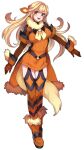  1girl :d arcanine archived_source blonde_hair dress full_body fur-trimmed_footwear fur_collar fur_trim gloves grey_eyes hair_intakes humanization katagiri_hachigou long_hair open_mouth orange_dress orange_footwear orange_gloves orange_thighhighs personification pokemon short_dress simple_background smile solo thigh-highs white_background 