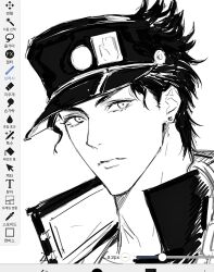 1boy art_program_in_frame closed_mouth earrings gakuran greyscale hat highres jewelry jojo_no_kimyou_na_bouken kujo_jotaro looking_at_viewer male_focus monochrome school_uniform short_hair simple_background solo sso_s stardust_crusaders white_background 