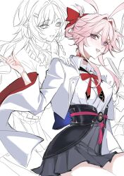  2girls animal_ears black_skirt bow commentary evanescia_(honkai:_star_rail) highres jacket multiple_girls open_mouth pink_hair red_bow shiba_xie18 shirt skirt smile violet_eyes white_jacket white_shirt 