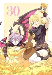  >_< 1boy 1girl absurdres alternate_costume arm_up arm_wrap belt black_horns black_scarf black_shirt black_sleeves boots border braid braided_hair_rings brown_belt chalice clenched_hands coin commentary crossed_bangs crown cup dragon_boy dragon_horns dragon_tail dragon_wings drawstring durin_(genshin_impact) facial_mark facing_viewer forehead_mark genshin_impact gloves gold_coin gold_crown grey_boots grey_gloves hair_between_eyes hair_rings hand_up highres holding holding_cup horns jahoda_(genshin_impact) layered_sleeves lying mechanical_arms mora_(genshin_impact) on_stomach open_mouth parted_lips partially_fingerless_gloves pink_tail pink_wings pouch purple_hair purple_horns sack scarf shirt short_sleeves single_mechanical_arm sitting skindentation snegg31 spiked_wings sweatdrop tail thigh-highs twitter_username two-sided_horns wariza white_border white_mouth white_sleeves white_thighhighs wings yellow_background 