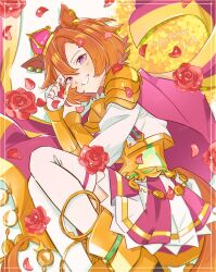  1girl animal_ears boots breasts cape crown domdam80 fingerless_gloves flower gloves gold_boots gold_corset hair_between_eyes highres horse_ears horse_girl horse_tail jewelry long_sleeves looking_at_viewer lying mini_crown multiple_rings on_side open_mouth orange_hair orange_tail pink_cape pink_crown ring shirt short_hair single_fingerless_glove skirt smile solo t.m._opera_o_(o_sole_suo!)_(umamusume) t.m._opera_o_(umamusume) tail teeth thigh-highs two-tone_skirt umamusume violet_eyes white_gloves white_shirt white_thighhighs 