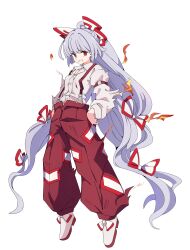  1girl absurdres baba_(baba_seimaijo) bow breasts collared_shirt commentary_request fire fujiwara_no_mokou full_body grey_hair grey_shirt grin hair_bow hands_on_own_hips highres long_hair long_sleeves multiple_hair_bows ofuda ofuda_on_clothes pants red_eyes red_pants shirt shoes simple_background small_breasts smile solo suspenders teeth touhou very_long_hair white_background white_shoes 