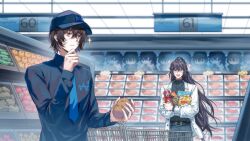  2boys :d absurdres aircon11 aisle apple aqua_eyes artist_collaboration baseball_cap belt berrypoppingaka black_belt black_eyes black_hair black_shirt blue_necktie blue_pants carrot character_doll chips_(food) closed_mouth coat collared_shirt cucumber doll excited food fruit groceries grocery_store hair_between_eyes half_updo hand_on_own_chin hat heterochromia high_ponytail highres holding holding_food holding_potato hong_lu_(project_moon) indoors lay's_(potato_chips) limbus_company long_hair long_sleeves magma_(medium) male_focus multiple_boys necktie open_clothes open_coat open_mouth orange_(fruit) pants ponytail potato potato_chips pringles_can project_moon shelf shirt shopping shopping_cart short_hair smile sparkle tomato very_long_hair w_corp._(identity)_(project_moon) white_coat xiaorourose yi_sang_(project_moon) 