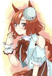  1girl animal_ears apron bow bowtie brown_apron brown_bow brown_bowtie brown_hair candy chocolate closed_mouth clothing_cutout commentary_request corrupted_twitter_file emapippi food glasses hat heart heart-shaped_chocolate heart-shaped_food highres holding holding_chocolate holding_food horse_ears horse_girl ikuno_dictus_(umamusume) jacket long_hair looking_at_viewer puffy_short_sleeves puffy_sleeves round_eyewear shirt short_sleeves shoulder_cutout sleeveless sleeveless_shirt smile solo umamusume very_long_hair waist_apron white_hat white_jacket white_shirt wrist_cuffs 