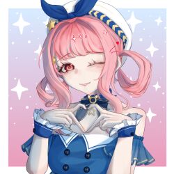  1girl bare_shoulders beret blue_background blue_bow blue_bowtie blue_choker blue_shirt blue_sleeves blue_wrist_cuffs blunt_bangs border bow bow_choker bowtie brooch brown_eyes bubbly_voyage_(infinity_nikki) buttons chinese_commentary choker closed_mouth collarbone collared_shirt colored_eyelashes commentary_request detached_sleeves dot_nose frilled_choker frilled_sleeves frilled_wrist_cuffs frills gradient_background hair_intakes hair_ornament hair_rings hairclip hamiao92927 hands_on_own_chest happy hat hat_bow hat_ornament heart heart_hands highres infinity_nikki jewelry light_blush light_particles lips nikki_(nikki) nikki_(series) one_eye_closed outside_border pink_background pink_hair pink_lips see-through_clothes see-through_sleeves shirt short_hair_with_long_locks sidelocks smile solo sparkle star_(symbol) star_choker star_hat_ornament strapless strapless_shirt two-tone_background upper_body white_border white_hat wink_heart wrist_cuffs 