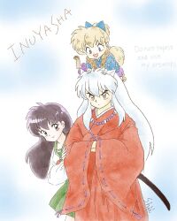  1girl :d animal_ears bead_necklace beads black_hair blonde_hair blue_background copyright_name dog_boy dog_ears green_skirt hair_between_eyes hakama highres higurashi_kagome inuyasha inuyasha_(character) japanese_clothes jewelry kimono long_hair necklace on_head red_hakama red_kimono school_uniform shii_rumic shippou_(inuyasha) skirt smile tooth_necklace v-shaped_eyebrows white_hair yellow_eyes 