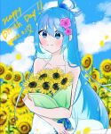  1girl aqua_(konosuba) blue_eyes blue_hair blue_sky blush bym_game25 clouds dress floral_background flower flower_on_head hair_between_eyes hair_flower hair_ornament hair_rings happy happy_birthday highres holding holding_flower kono_subarashii_sekai_ni_shukufuku_wo! light_smile long_hair looking_at_viewer single_hair_ring sky smile solo sunflower very_long_hair white_dress yellow_flower 