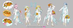  2boys 3girls aqua_eyes arm_tattoo blonde_hair blue_eyes blue_hair blue_nails brown_eyes brown_hair commentary_request dress eyewear_on_headwear fingernails flower grey_background holding holding_flower holding_umbrella kagamine_len kagamine_rin kaito_(vocaloid) long_hair magical_mirai_(vocaloid) magical_mirai_kaito magical_mirai_kaito_(2026) magical_mirai_len magical_mirai_len_(2026) magical_mirai_luka magical_mirai_luka_(2026) magical_mirai_meiko magical_mirai_meiko_(2026) magical_mirai_rin magical_mirai_rin_(2026) megurine_luka meiko_(vocaloid) multiple_boys multiple_girls nail_polish number_tattoo official_art orange_flower pants pink_flower pink_hair ponytail red-tinted_eyewear red_nails reference_sheet second-party_source shirt shoes shorts sunglasses tattoo tinted_eyewear toenail_polish toenails toes umbrella very_long_hair violet_eyes vocaloid wata_(attaka_towel) white_dress white_pants white_shirt white_shoes white_shorts 