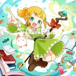  1girl :d apple_hair_ornament bandaid blonde_hair blunt_bangs blush book boots bow brown_boots candy chizu_(421ooouy) commentary_request dot_nose dress flask food food-themed_hair_ornament full_body green_background green_dress green_eyes hair_ornament highres holding holding_staff layered_sleeves long_sleeves looking_at_viewer open_mouth original outline outstretched_arm pointing red_bow round-bottom_flask sample_watermark short_hair smile solo sparkle staff twitter_username watermark white_outline wide_sleeves wrapped_candy x_hair_ornament 