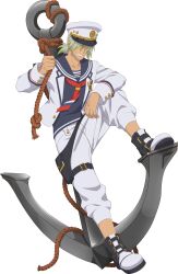  1boy anchor arm_on_knee artist_request black_shoes blue_sailor_collar blue_shirt collarbone dezel_(marine)_(tales) dezel_(tales) full_body game_cg gradient_hair green_hair grey_hair hair_over_eyes hat hat_over_eyes highres holding holding_rope jacket leaning_on_object multicolored_hair official_alternate_costume official_art pants peaked_cap ponytail rope sailor_collar sailor_hat sharp_teeth shirt shoes short_hair solo tales_of_(series) tales_of_asteria tales_of_zestiria teeth third-party_source transparent_background two-tone_hair white_hat white_jacket white_pants 