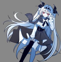  1girl absurdres adapted_costume adjusting_hair bow breasts chunzhenzhiren_innocent colored_skin commentary_request cropped_jacket frilled_shirt_collar frilled_wrist_cuffs frills fur_trim grey_scarf hair_bow hair_intakes hairband high-waist_skirt highres leaning_forward lilith_(the_noexistencen_of_you_and_me) long_hair medium_breasts official_artist_extra red_eyes scarf skirt sleeveless smile solo the_noexistencen_of_you_and_me thigh-highs two_side_up very_long_hair white_hair white_skin wrist_cuffs 