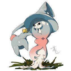  1girl black_sclera blue_eyes bug closed_mouth colored_sclera colored_skin hat hatterene highres joltik pokemon pokemon_(creature) pokemon_focus smile supiraji_penpen white_skin witch_hat 