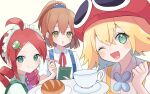  3girls ahoge amitie_(puyopuyo) andou_ringo apron arle_nadja blonde_hair blue_apron blush bread brown_eyes brown_hair cup dot_nose drill_hair food green_eyes hair_between_eyes highres holding holding_notepad holding_pen holding_plate kashima_miyako maid_headdress multiple_girls neckerchief notepad open_mouth pen plate ponytail purple_neckerchief puyopuyo puyopuyo_7 puyopuyo_fever red_headwear red_ribbon redhead ribbon scrunchie shirt short_hair simple_background smile teacup twin_drills white_background white_shirt 