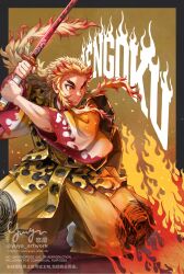  1boy blonde_hair character_name commentary_request fighting_stance fire forked_eyebrows hakama hakama_pants highres holding holding_sword holding_weapon japanese_clothes kimetsu_no_yaiba long_hair male_focus multicolored_eyes multicolored_hair on_one_knee pants red_eyes red_hair rengoku_kyoujurou solo streaked_hair sword twitter_username two-tone_eyes two-tone_hair watermark weapon yellow_eyes yellow_hakama yuya-art 