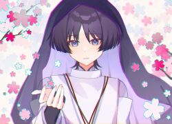  1boy arm_at_side armor black_hair black_nails blunt_ends branch choppy_bangs clothing_cutout commentary_request expressionless eyeliner floral_background flower garann14 genshin_impact hand_up highres japanese_armor japanese_clothes kariginu kote kurokote layered_sleeves long_sleeves looking_at_viewer makeup male_focus parted_bangs parted_lips pink_flower portrait purple_pupils purple_sleeves purple_veil red_eyeliner scaramouche_(genshin_impact) scaramouche_(kabukimono)_(genshin_impact) shoulder_cutout simple_background solo straight-on string tsurime veil violet_eyes white_background white_flower white_sleeves 