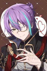  1boy blue_hair closed_mouth commentary hair_between_eyes hand_up heart high_collar kamishiro_rui looking_at_viewer male_focus mandarin_collar medium_hair monocle multicolored_hair never_give_up_cooking!_(project_sekai) official_alternate_costume official_alternate_hairstyle one_eye_closed project_sekai pru_531 purple_hair smile solo streaked_hair watermark yellow_eyes 