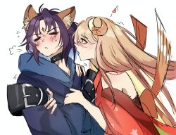  2girls ? animal_ears averting_eyes bare_shoulders black_choker blush calixxx cho_kaguya-hime! choker closed_eyes commentary crossed_arms forehead_jewel fox_ears hand_on_another's_arm hand_on_another's_shoulder heart highres kaguya_(cho_kaguya-hime!) looking_at_another lop_rabbit_ears multiple_girls open_mouth orange_eyes puff_of_air rabbit_ears sakayori_iroha sketch sweat upper_body yuri 