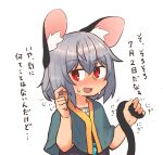  1girl animal_ear_fluff animal_ears blue_capelet blush capelet commentary_request crystal grabbing_own_tail greenpiecerice grey_hair grey_vest hair_between_eyes highres jewelry looking_at_viewer medium_bangs mouse_ears mouse_girl mouse_tail nazrin nose_blush open_mouth pendant raised_eyebrow red_eyes shirt short_hair simple_background smile solo tail touhou translation_request upper_body vest white_background white_shirt 