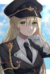 1girl black_hat black_jacket black_necktie blonde_hair girls_frontline gloves green_eyes hair_between_eyes hat highres jacket long_hair looking_at_viewer necktie peaked_cap shirt solo stg44_(girls'_frontline) tukitoji0070 white_gloves white_shirt 