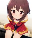  1girl black_choker blush breasts brown_hair choker closed_mouth commentary_request cowboy_shot dress eyelashes foreshortening from_above frown hair_between_eyes highres kono_subarashii_sekai_ni_shukufuku_wo! looking_at_viewer megumin own_hands_together red_dress red_eyes short_dress short_hair simple_background sitting small_breasts solo strapless strapless_dress toraya_(doujintraya) upturned_eyes v_arms white_background 