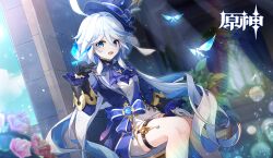  1girl absurdres ahoge ascot asymmetrical_gloves black_gloves blue_ascot blue_bow blue_eyes blue_gem blue_hair blue_hat blue_jacket blue_pupils bow chinese_commentary commentary_request crystalfly_(genshin_impact) drop-shaped_pupils feet_out_of_frame furina_(genshin_impact) gem genshin_impact gloves hair_between_eyes hand_up hat heterochromia highres jacket long_hair long_sleeves mismatched_gloves mismatched_pupils multicolored_hair open_mouth ouji_fashion qi_ye_zhu_sky short_shorts shorts sitting solo streaked_hair symbol-shaped_pupils thigh_strap top_hat very_long_hair vest vision_(genshin_impact) white_gloves white_hair white_shorts white_vest 