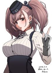  1girl atlanta_(kancolle) black_hat blush breasts brown_hair character_name commentary_request dated earrings garrison_cap grey_eyes hair_ornament hat highres jewelry kantai_collection large_breasts long_hair long_sleeves looking_at_viewer one-hour_drawing_challenge shi_ba_1 shirt solo star_(symbol) star_earrings suspenders twitter_username two_side_up upper_body white_shirt 