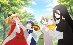  4girls ^_^ ahoge apron artist_request back_bow belt black_cape black_hair black_pants blonde_hair blue_bow blue_bowtie blue_dress blue_hair blue_sky blush bow bowl bowtie breasts brown_belt cape closed_eyes closed_mouth clouds constricted_pupils covering_own_mouth cowboy_shot crossed_belts day disgust dot_nose dress elisa_celjska expressive_hair food forest frilled_apron frills full-face_blush game_cg gloves gold_buttons green_eyes green_tunic grey_hair hair_between_eyes hair_bun happy high-waist_pants highres holding holding_bowl holding_jar jar jeanne_d'arc_(madoka_magica) jewelry juliet_sleeves layered_sleeves long_dress long_hair long_hair_between_eyes long_sleeves looking_at_another loose_hair_strand mahou_shoujo_madoka_magica mahou_shoujo_madoka_magica_magia_exedra mahou_shoujo_tart_magica maid maid_headdress medium_breasts melissa_de_vignolles mole mole_under_eye multiple_girls nature noodles o_o official_art open_mouth outdoors pants ponytail puffy_sleeves red_cape red_dress red_eyes ring riz_hawkwood shirt shirt_under_dress short_hair short_over_long_sleeves short_sleeves single_hair_bun sky sleeve_cuffs smile soup tareme tearing_up third-party_source tunic turn_pale turtleneck turtleneck_shirt two-sided_cape two-sided_fabric very_long_hair wavy_mouth white_apron white_bow white_cape white_gloves white_shirt 
