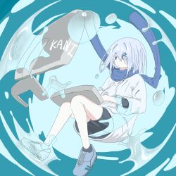  1girl artist_name blue_eyes commentary_request hair_ornament highres hood hoodie kani_etizen03 looking_at_object original pants scarf short_hair water white_hair 