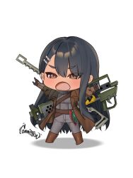  1girl armor black_hair boots brown_coat brown_eyes bulletproof_vest coat duster_coat earclip fallout fallout:_new_vegas gloves gun hair_ornament hairclip highres ijiranaide_nagatoro-san long_hair nagatoro_hayase open_clothes open_coat open_mouth rifle simple_background sniper_rifle solo standing tan weapon white_background xiye_(hmrr2738) 