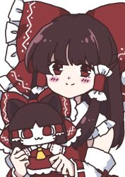  2girls :3 animal_ears ascot blush bow brown_eyes brown_hair cat_ears cat_girl closed_mouth commentary_request detached_sleeves dual_persona frilled_bow frilled_hair_tubes frills hair_bow hair_tubes hakurei_reimu highres kemonomimi_mode long_hair looking_at_viewer mensoreimuremu multiple_girls red_bow red_skirt ribbon-trimmed_sleeves ribbon_trim skirt skirt_set smile touhou yellow_ascot 