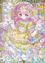  1girl absurdres apron basket blush bow bow_legwear bowtie braid buttons center_frills choker closed_mouth collar dress english_text eyelashes flower frilled_choker frilled_collar frilled_dress frilled_shirt_collar frilled_sleeves frilled_socks frills green_bow green_eyes hair_bow hair_flower hair_ornament hairband hairclip hands_up hat highres leaf long_hair looking_at_viewer mary_janes original pink_bow pink_flower pink_hair puffy_short_sleeves puffy_sleeves purple_flower rabbit ribbon sample_watermark shoes short_sleeves socks solo sparkle twin_braids very_long_hair watermark white_apron white_collar white_socks white_wrist_cuffs wrist_cuffs xiaochunli yellow_apron yellow_bow yellow_bowtie yellow_flower 