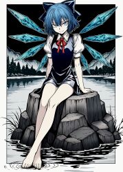  1girl absurdres barefoot blue_bow blue_dress blue_eyes blue_hair bow bowtie breasts cirno collared_shirt commentary_request detached_wings dress hair_bow highres ice ice_wings lake looking_at_viewer medium_hair outdoors pinafore_dress puffy_short_sleeves puffy_sleeves red_bow red_bowtie ripples ryoan_(voyagehermitage) shirt short_hair short_sleeves sitting sleeveless sleeveless_dress small_breasts smile solo toes touhou water white_shirt wings 