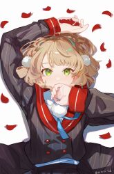  1girl arm_above_head blue_ribbon brown_hair collared_shirt covered_mouth green_eyes grey_jacket grey_skirt hair_ornament hashtag-only_commentary highres indie_virtual_youtuber jacket long_sleeves looking_at_viewer lying neck_ribbon on_back pinstripe_jacket pinstripe_pattern pinstripe_skirt pleated_skirt pom_pom_(clothes) pom_pom_hair_ornament red_sailor_collar ribbon sailor_collar school_uniform shigure_ui_(1st_costume)_(vtuber) shigure_ui_(vtuber) shirt short_hair simple_background skirt sleeve_cuffs solo temata_saburou upper_body virtual_youtuber white_background white_shirt 