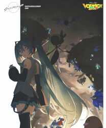  1girl aqua_hair back bare_shoulders black_boots boots cave cave_interior commentary copyright_logo detached_sleeves earphones hatsune_miku highres logo long_hair looking_at_viewer looking_back official_art outdoors pleated_skirt pokemon project_voltage rella sidelocks skirt stalactite thigh_boots twintails vocaloid watermark weibo_username weibo_watermark 