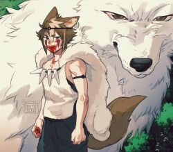  1boy absurdres alternate_costume alternate_universe animal_ears blood blood_on_face blood_on_hands cawchan clenched_hand cloak commentary dog_boy dog_ears dog_tail english_commentary facepaint fur_cloak genshin_impact gorou_(genshin_impact) highres jewelry kodama looking_at_viewer male_focus mononoke_hime necklace san_(mononoke_hime) solo standing tail tooth_necklace twitter_username white_wolf wolf 