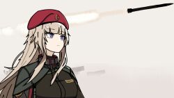  1girl ak-74m ak74m_(girls'_frontline) assault_rifle black_shirt brown_hair cloak girls_frontline green_cloak gun hat highres kalashnikov_rifle long_hair red_hat rifle rocket shirt solo user_sgex8545 violet_eyes weapon 