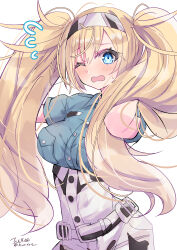  1girl absurdres arm_up blonde_hair blue_eyes blush commentary_request dress_shirt flying_sweatdrops gambier_bay_(kancolle) hairband highres hizaka kantai_collection long_hair looking_at_viewer one-hour_drawing_challenge one_eye_closed open_mouth shirt solo twintails twitter_username 