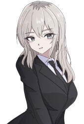  1girl black_jacket black_necktie breasts earrings girls_band_cry grey_eyes grey_hair hanekuri_(nnainain) jacket jewelry kawaragi_momoka long_hair looking_at_viewer multicolored_hair necktie open_mouth roots_(hair) simple_background solo upper_body white_background 