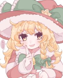  1girl alternate_costume blonde_hair bow braid christmas commentary_request dress finger_to_mouth fur-trimmed_headwear fur_trim gift green_bow hair_bow hat hat_bow hat_ornament holding holding_gift kirisame_marisa long_hair nagomi_(nagomi_12) open_mouth red_dress red_hat santa_costume santa_dress shushing side_braid single_braid smile solo speech_bubble star_(symbol) star_hat_ornament touhou translation_request witch_hat yellow_eyes 
