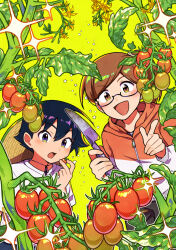  1boy 1girl commentary_request day food gardening highres horse_girl kitchen_knife knife leaf nagare750 original outdoors plant plant_focus simple_background smile tomato tomato_plant vegetable 