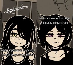  .boytigirl 2girls 3: arm_warmers arms_at_sides ashley_graves bare_shoulders bra_strap breasts choker closed_mouth collarbone column_lineup commentary english_commentary english_text freckles frown furrowed_brow grey_background greyscale hair_over_one_eye hair_tie jitome julia_(the_coffin_of_andy_and_leyley) looking_at_viewer low_side_ponytail medium_breasts medium_hair meme monochrome multiple_girls nemlei_(style) one_eye_covered outline parted_bangs pink_eyes portrait shirt side_ponytail simple_background smile spotlight straight-on tank_top tareme the_coffin_of_andy_and_leyley thick_eyebrows tiktok_username v-neck yellow_eyes 