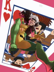  1girl artist_name black_headband black_sclera bodysuit boots brown_hair brown_jacket card colored_sclera commentary commission cropped_jacket curly_hair english_commentary gambit gloves green_bodysuit green_boots green_eyes grin headband heart highres incoming_attack incoming_punch jacket king_(playing_card) king_of_hearts_(playing_card) long_hair looking_at_viewer marvel multicolored_bodysuit multicolored_hair pepedraws pink_background playing_card punching red_eyes rogue_(x-men) smile solo superhero_costume two-tone_bodysuit white_hair x-men yellow_bodysuit yellow_gloves 