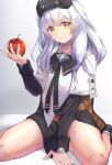  1girl aowa_(dakahi1009) apple closed_mouth commentary_request drooling food fruit goddess_of_victory:_nikke goggles goggles_on_head grey_hair hair_between_eyes hair_ornament highres long_hair looking_at_viewer ribbon simple_background smile snow_white_(nikke) solo thighs white_background 