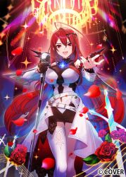  1girl :d ahoge asymmetrical_sidelocks black_gloves black_skirt blue_fire blue_hair breasts chandelier colored_inner_hair commentary_request double-parted_bangs dress elizabeth_rose_bloodflame elizabeth_rose_bloodflame_(1st_costume) falling_petals fire fire_on_chest flower gloves hair_between_eyes halter_dress halterneck holding holding_microphone hololive hololive_english huge_ahoge jacket large_breasts long_hair looking_at_viewer microphone multicolored_hair music official_art pencil_skirt petals red_eyes red_flower red_hair red_rose rose sidelocks singing single_glove single_hair_intake single_thighhigh skirt skirt_under_dress smile solo straight-on teeth thigh-highs toh. upper_teeth_only very_long_hair virtual_youtuber white_dress white_jacket white_thighhighs 