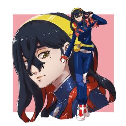  1girl bag belt black_hair blue_gakuran blue_jacket blueberry_academy_school_uniform border breasts carmine_(pokemon) colored_inner_hair commentary crossed_bangs fanny_pack fingerless_gloves full_body gloves hair_between_eyes hairband hand_in_own_hair highres holding holding_poke_ball jacket long_hair long_sleeves looking_at_viewer medium_breasts mole mole_under_eye multicolored_hair multiple_views outside_border poke_ball pokemon pokemon_sv red_background red_gloves red_hair school_uniform shoes simple_background single_fingerless_glove solo standing two-tone_hair white_belt white_border white_shoes yellow_bag yellow_eyes yellow_hairband yuzumikan121 