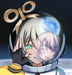  2girls absurdres astronaut cecilia_immergreen close-up earth_(planet) green_eyes grey_hair highres hololive hololive_english moon multiple_girls one_eye_closed panpanmc4 planet pov reflection solo_focus space tears virtual_youtuber 